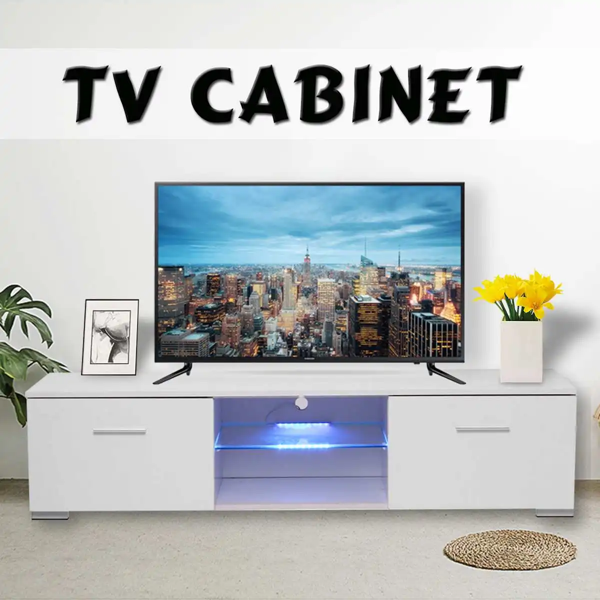 

57 Inch Portable Detachable TV Stand Two Unit Cabinet Console with LED Light Shelves 2 Drawers for Living Room US Shipping