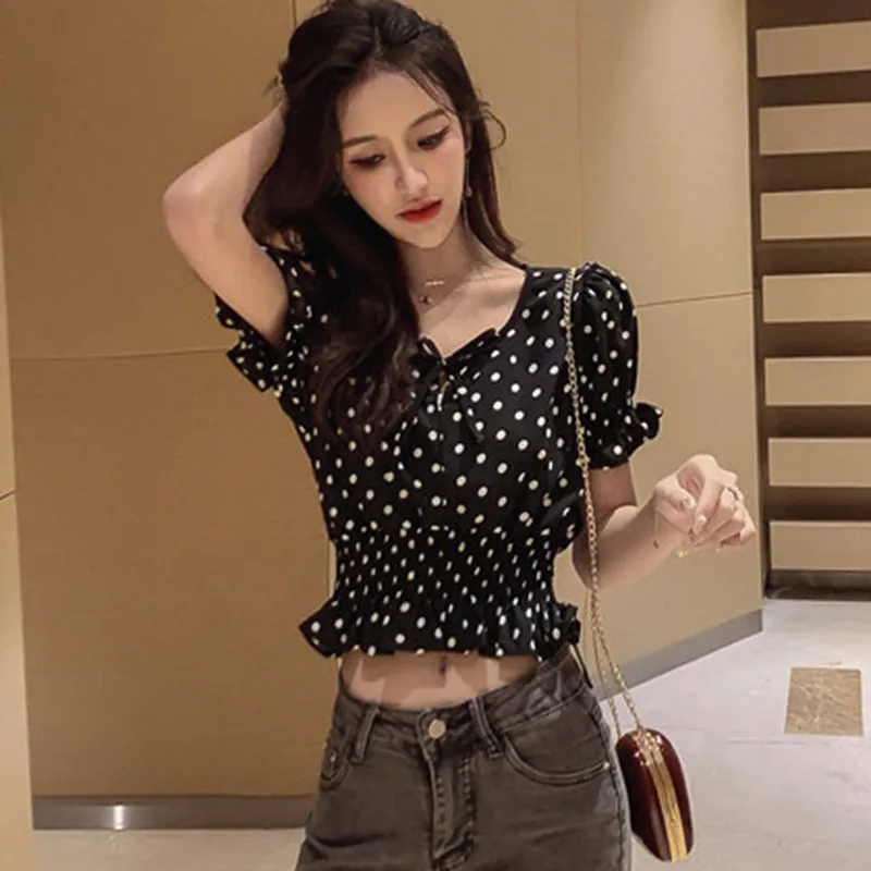 

Women Fashion Polka Dot Shirt Korean V Neck Summer Crop Tops Harajuku Chiffon Blouse Casual Ruffle Short Sleeve blusas femininas