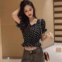 Women Fashion Polka Dot Shirt Korean V Neck Summer Crop Tops Harajuku Chiffon Blouse Casual Ruffle Short Sleeve blusas femininas Women Fashion Polka Dot Shirt Korean V Neck Summer Crop Tops Harajuku Chiffon Blouse Casual Ruffle Short Sleeve blusas femininas