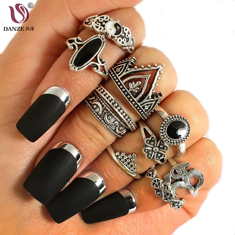 DANZE Boho Jewelry Vintage Black Stone Knuckle Ring Set For Women Yoga Crown Flower Midi Party Gift 10 Pcs/lot Dropshipping | Украшения и