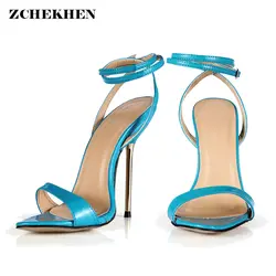 Для женщин пикантные сандалии с ремешками на лодыжках летние сандалии-гладиаторы золото 12,4 см/10,7 см из металла обувь на высоком каблуке
