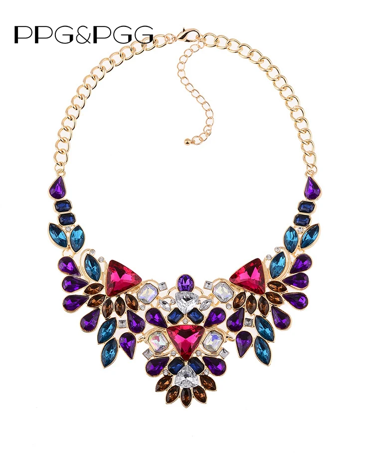 

PPG&PGG New Hot Sale Crystal Statement Cheap Design Rainbow Gems Chokers Bib Collars Necklaces For Women