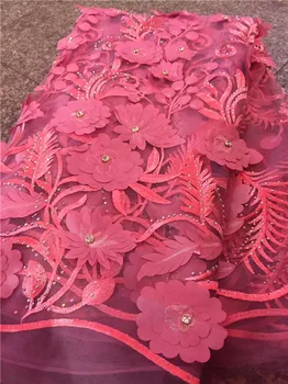 

3d fabric flowers black lace fabric french lace with big stone high quality luxury dress fabric for wedding 5yard/lot pink green