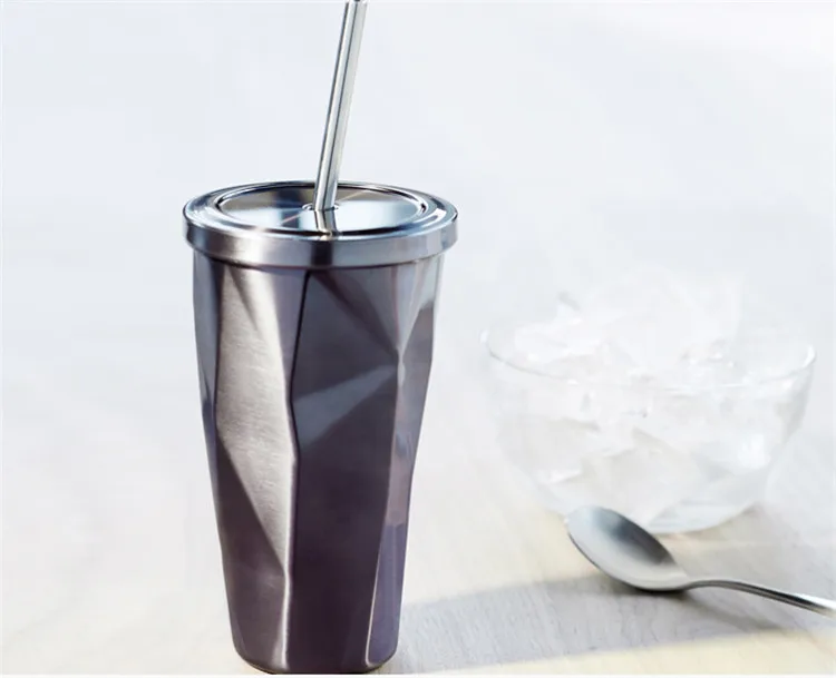 새로운 디자인 450 ml 휴대용 이중 벽 스테인레스 스틸 여행 커피 머그잔 차 머그잔 뚜껑 짚 그레이트 선물