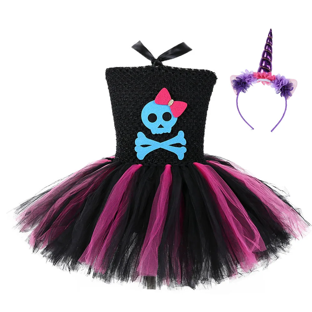 

Girl Rock Star Halloween Scary Skull Cosplay Tutu Dress for Baby Girls Knee Length Halloween Holiday Party Costume with Headband
