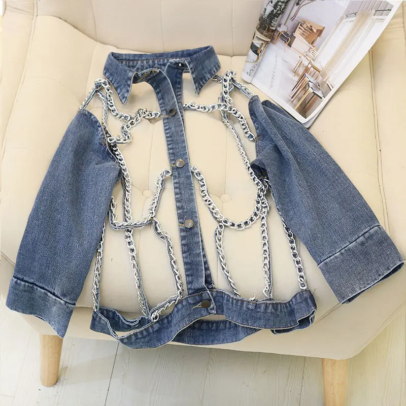 

Fashion Personality Chain Denim Jacket 2019 New Spring Autumn Coat Women Street Sexy Openwork Jeans Outwear chaqueta mujer SL207