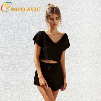 

Women Sexy V-neck Suit Set Solid Black Color Two Piece Set Top and Pants Short Sleeve Pullover Tops Suits Short Shirt and Shorts