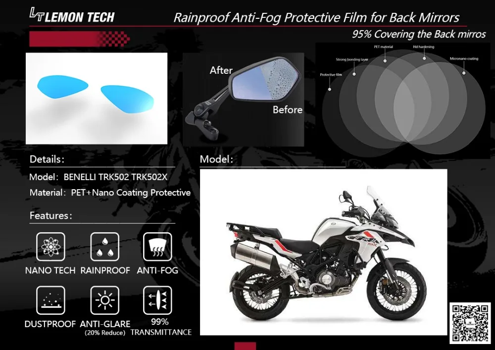 

Rainproof Waterproof Anti-Fog Protective Film(2pairs) for BENELLI TRK502 TRK502X BJ500GS-A Motorcycle Back Mirrors