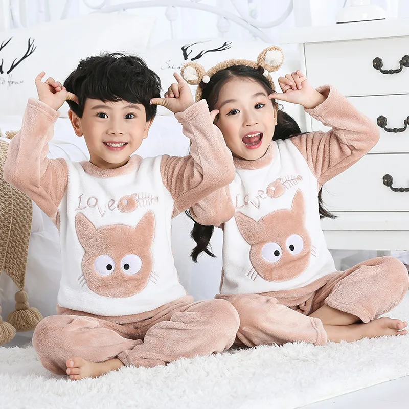 

Children's flannel pajamas set boys and girls cartoon coral fleece head protector home service