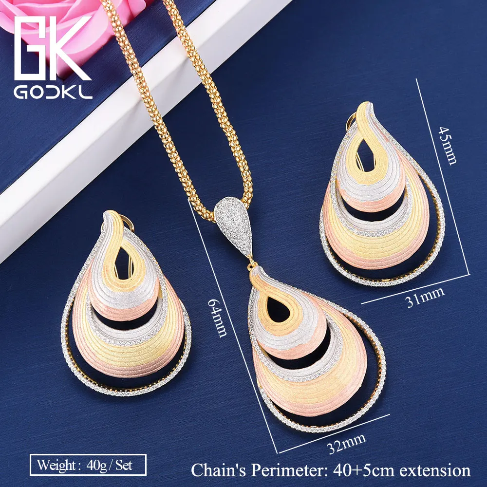 GODKI Luxury AAA Cubic Zirconia Necklace Earring Jewelry Sets Water Drop Geometry Dubai Silver Jewelry Sets For Women Wedding