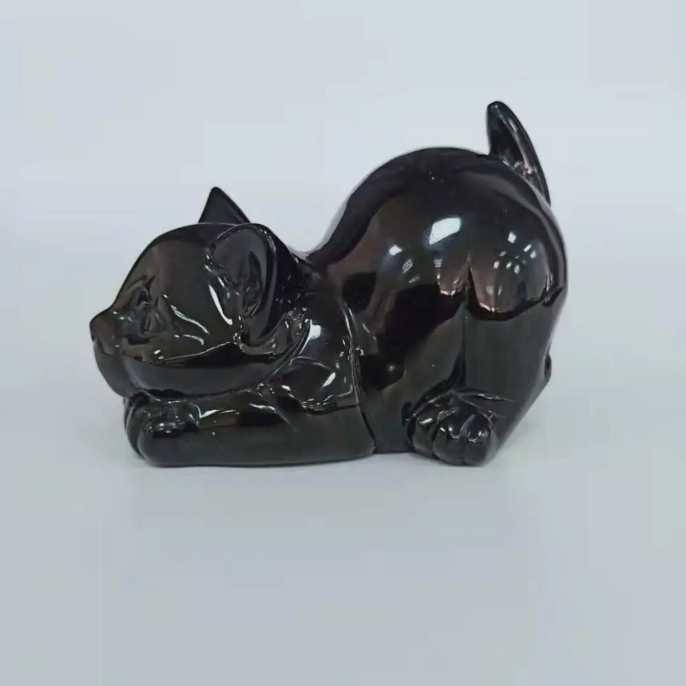 

High Quality About 8CM Natural Black Obsidian Cat Shape Crystal Cute Animal Hand Polished Feng Shui For Gift & Home Decor WYQ