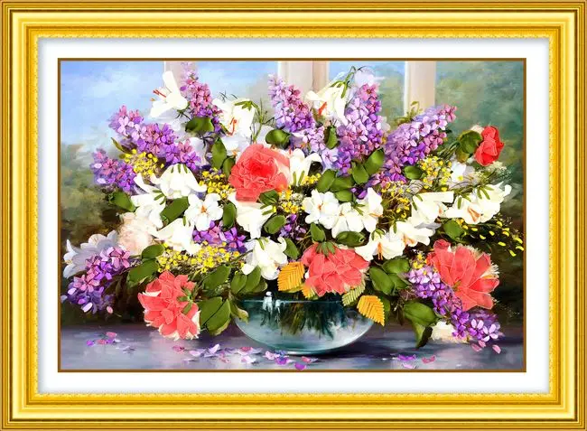 

DIY 3D Ribbon Embroidery cross stitch kits sets simple handmade needlework/ Colorful flower vase gifts decor picture paintings