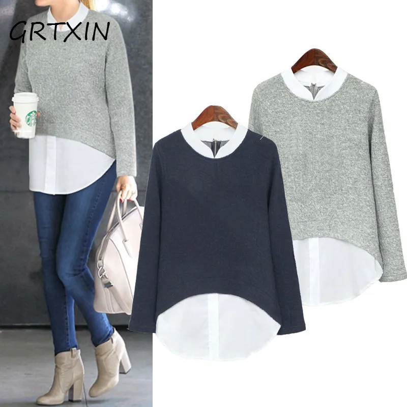 

Autumn New Women Blouses Casual Long Sleeve Blouse Patchwork Fake Two Pieces Shirts Plus Size 5XL Shirt Women Tops Blusas