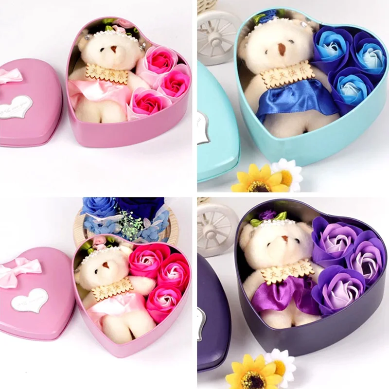 

1 set Rose Soap with Little Bear Bath Rose Soap Flower Petal With Gift Box For Birthday Wedding Valentine's Day Love Gift