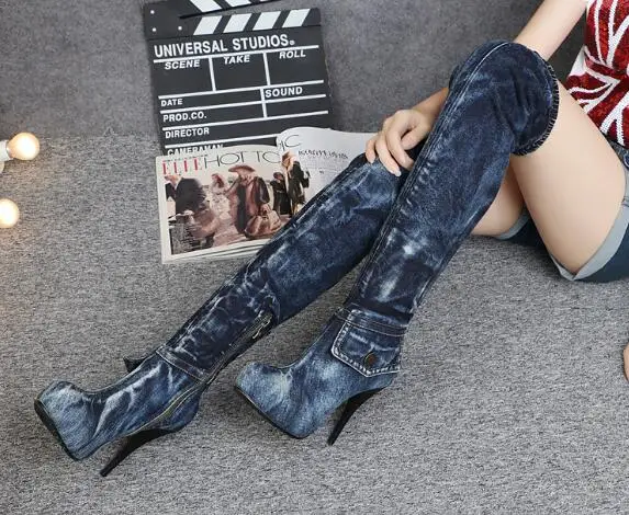 

Newest 2018 Women Fashion Special Sexy Denim Shoes High Heels Platform Boots Round Toe Side Zipper Jeans Fashion Long Boots