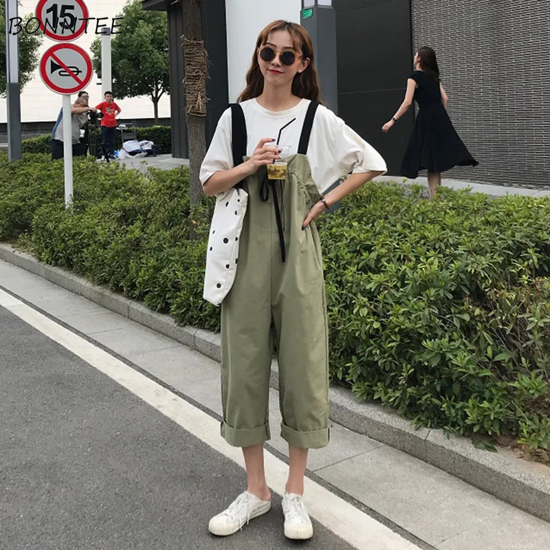 

Jumpsuits Women Simple New Lace Up Solid Girls Students Korean Style Wide Leg Strap Trousers Womens Loose Casual Female Trendy