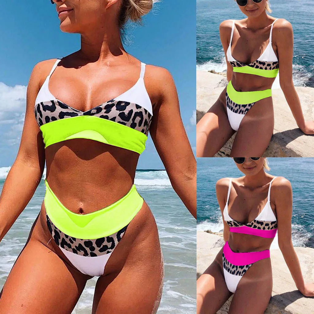 

Womens Leopard Patchwork Green Pink High Waist Split Bikini Push-Up Padded Two Pieces Swimwear Swimsuit Beachwear Summer Bathing