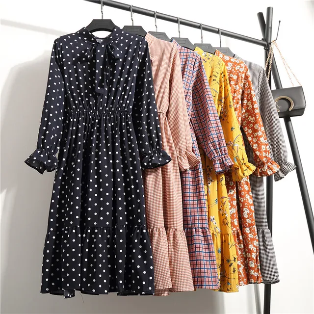 US $7.10 Casual Chiffon Shirt Dress Office Plaid Vintage Dresses Women Polka Dot Dress 2020 Spring Autumn Re