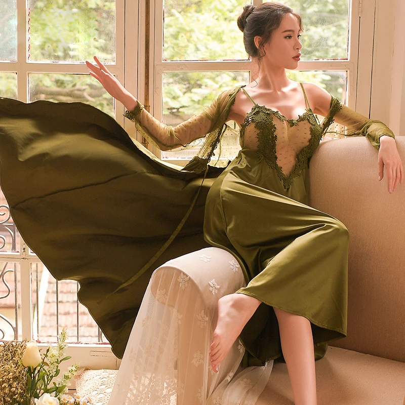 

Lace Sleepwear Long Robe Princess Dress Nightgown Elegant European-style Nightwear Vestidos Women Sleepwear Sexy Green