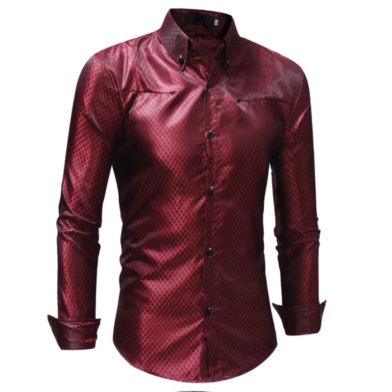 Silk Shirt Men 2018 Satin Smooth Men Grid Shirt Business Chemise Homme