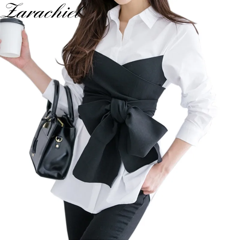 

Korean Fashion 2019 Designer White/Grey Striped Bowknot Tie Blouse Top Women Black Bow Long Sleeve Office Lady Work Wear Top