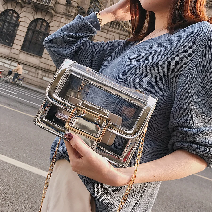 

Silver Transparent Jelly Bags Women Chains Shoulder Bags Clear PVC Crossbody Bag Square Buckle Small Flap Bags Summer Sac 2019