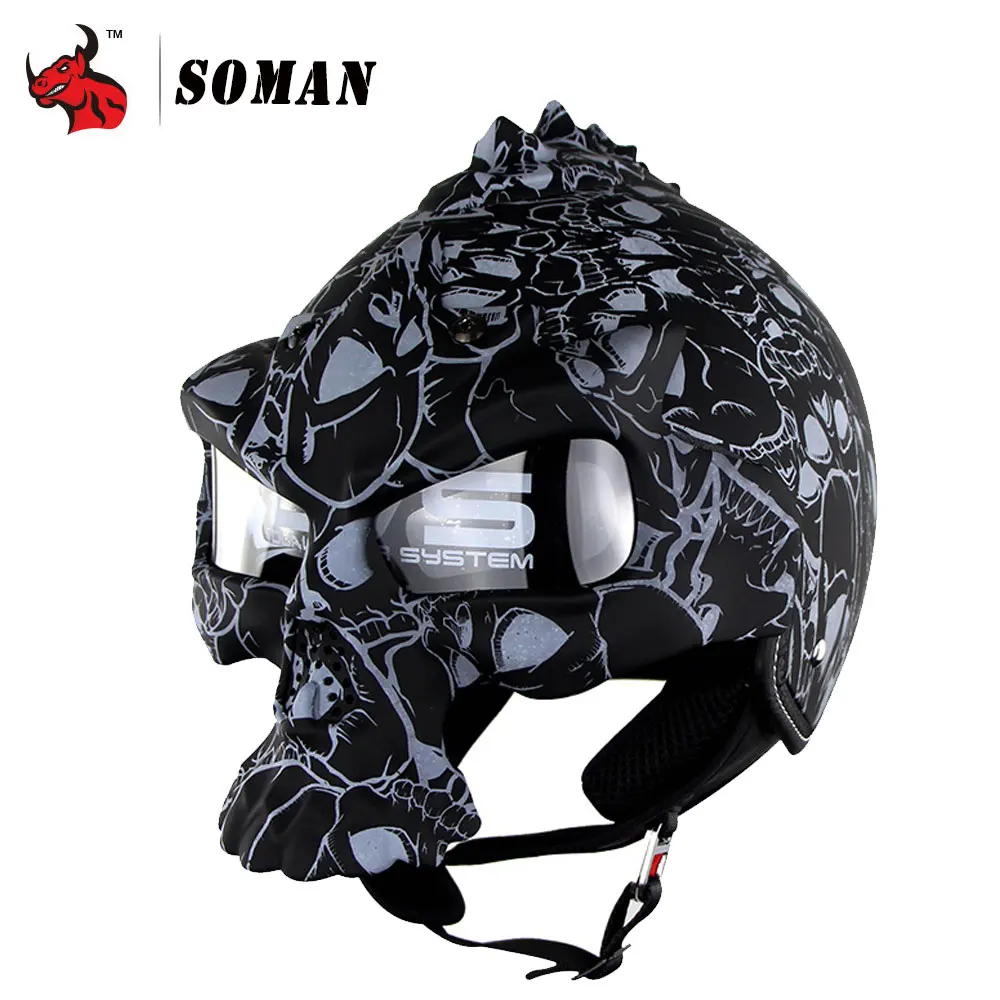 

SOMAN Personal Motorcycle Helmet Retro Moto Helmet Double Lens Motorbike Half Face Helmet Vintage Skull Summer Helmet