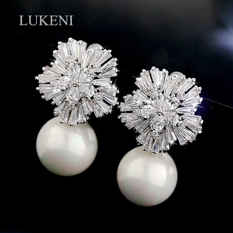 

LUKENI New Design Romantic Rose/White /Champagne gold Color Cubic Zircon Pearl Flower Stud Earrings For Woman Fashion Jewelry