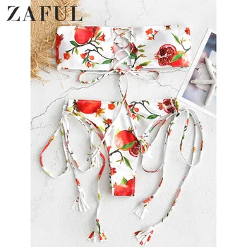 

ZAFUL Pomegranate Print Lace-Up Bikini Set Padded Biquini Strapless High Cut Bandeau Bikini Swimsuits Swimwear Bikinis 2019 Muje