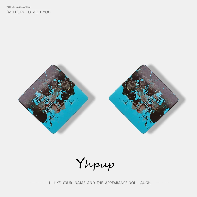 

Yhpup New Fashion Geometric Rhombus Surface Graffiti Colorful Stud Earrings Simple Square Unique Design Earrings For Women Party