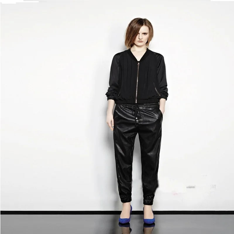 

2015 Spring And Autumn Female Causal Leather Pants Suede Lederhosen Long Elastic Waist Genuine Leather Pants Boot Cut