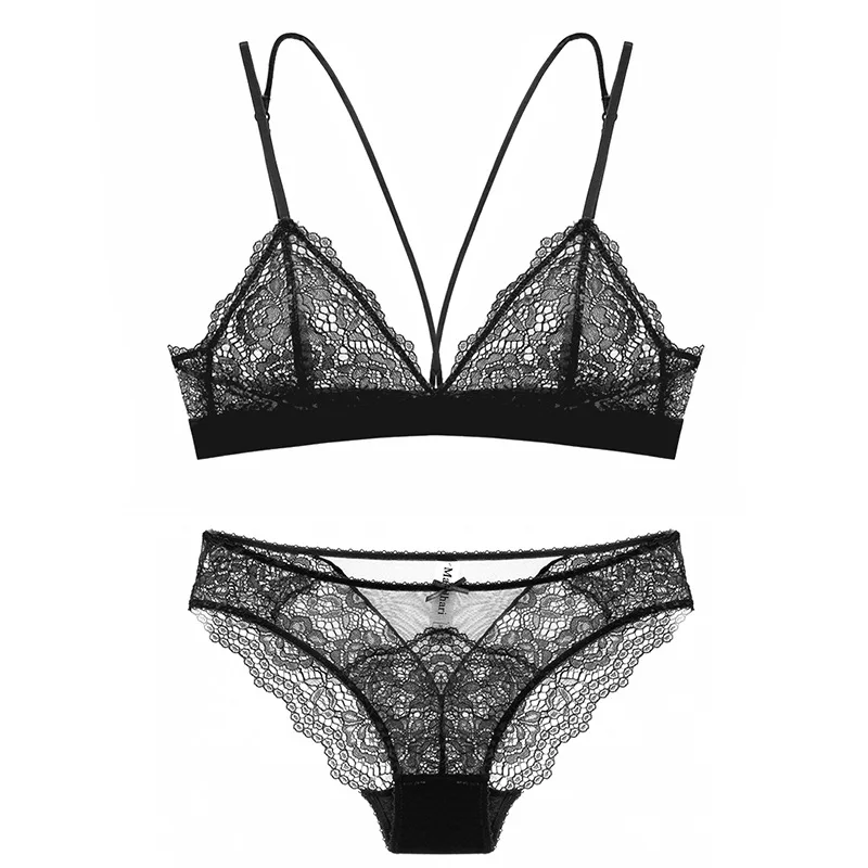 French Lace Full Perspective Sexy Triangle Cup Bra Set Without Steel Ring Thin Cup Ladies