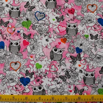 

140cmx100cm Cotton Woven Fabric - owl, butterfly, flower and heart