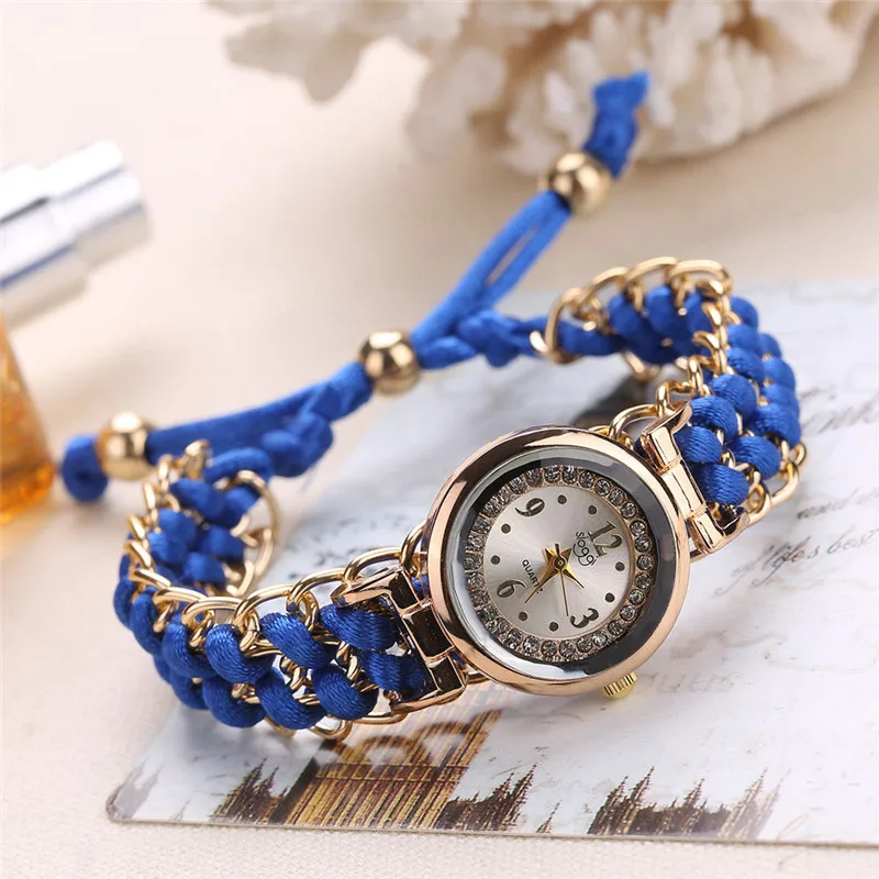 Для женщин часы модные женские тесьма для вязания цепи обмотки горный хрусталь циферблат браслет кварцевые наручные часы relogio feminino - Цвет: Blue