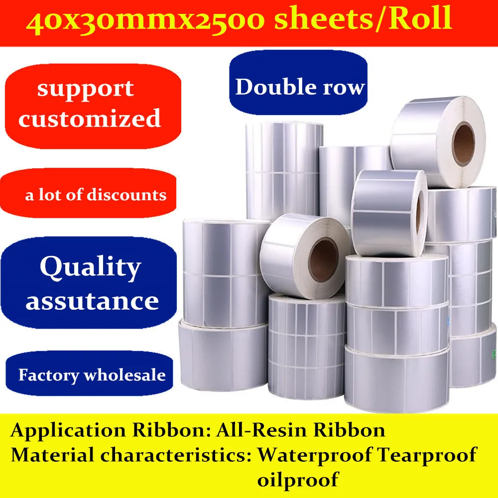 

label sticker 40x30mmx2500 sheets/Roll thermal transfer waterproof tear-proof oil-proof silver PET handmade label paper tags