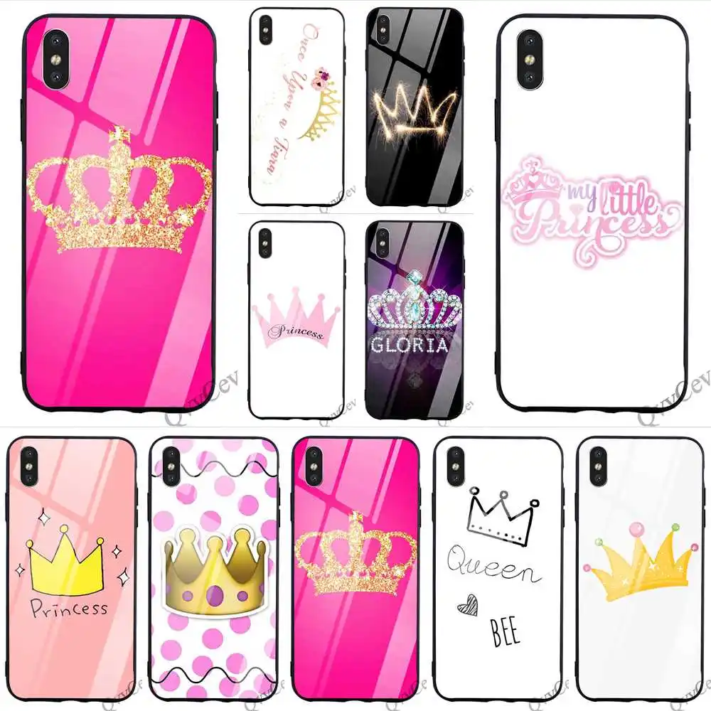 cheap Colorful PRINCESS Queen boss crown king Tempered Glass Phone Cover for iPhone 6S Plus Case 8 XR X 7 6 5 5S SE Xs Max Skin