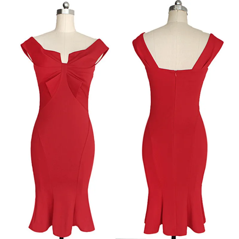 Женское ретро платье с бантом спереди, тонкое, красное, синее, розовое, сексуальное, платье русалки, Дамское, винтажное, элегантное, облегающее, для вечеринки, платье-труба - Цвет: Красный
