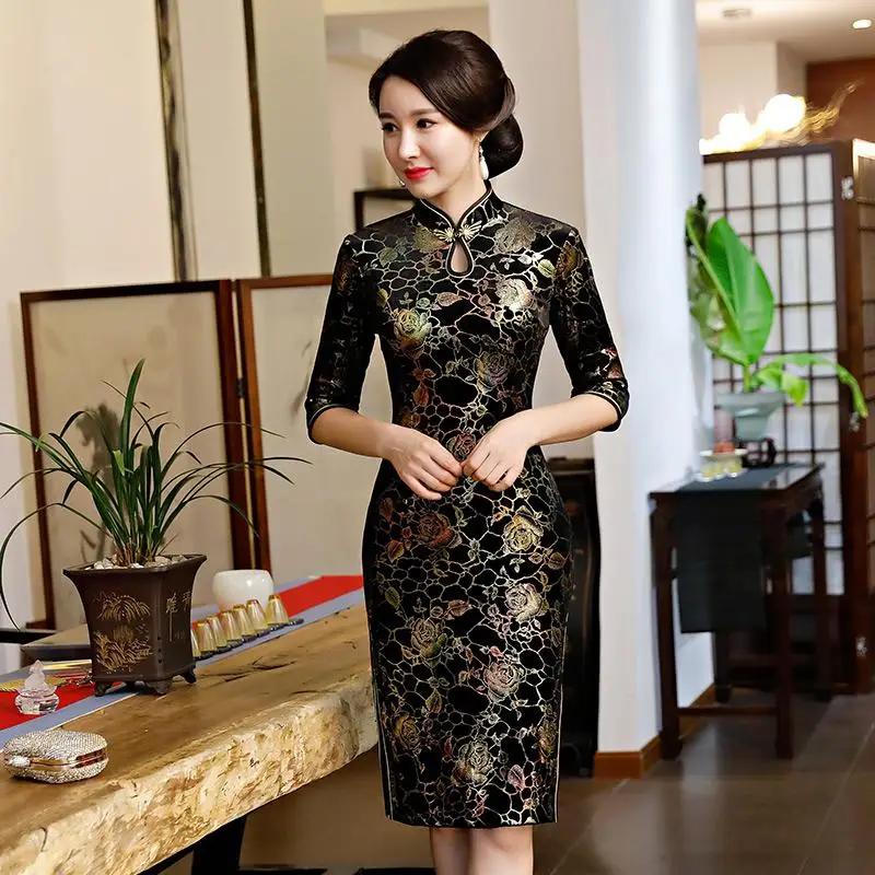 Плюс размеры S-5XL по колено Cheongsam винтаж китайский стиль платье Весна Женские Велюр Qipao Тонкий платья для вечеринок и пуговицы Vestido - Цвет: Черный