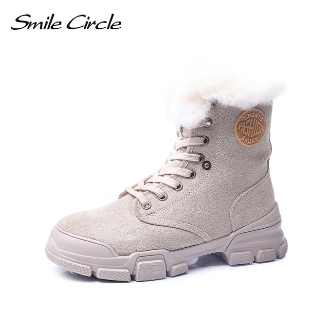 US $44.68 Smile Circle Winter Ankle Boots Women Suede leather sneakers Fashion Warm plush Lace-up Flat Platfo