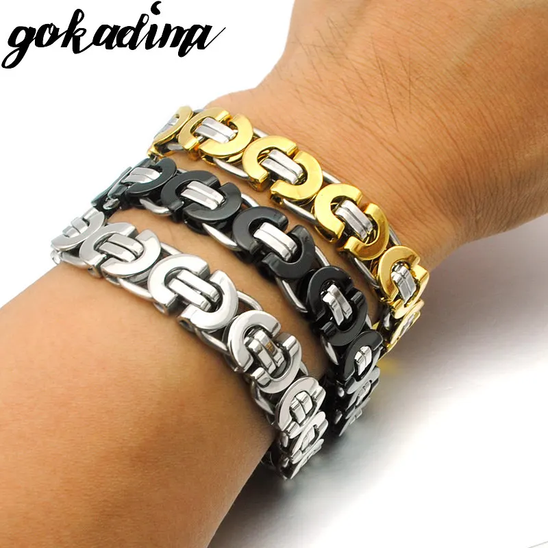 

Gokadima Men Bracelet Gold Color Stainless Steel Flat Byzantine Chain bracelet for Christmas gift Hip Hop Jewelry