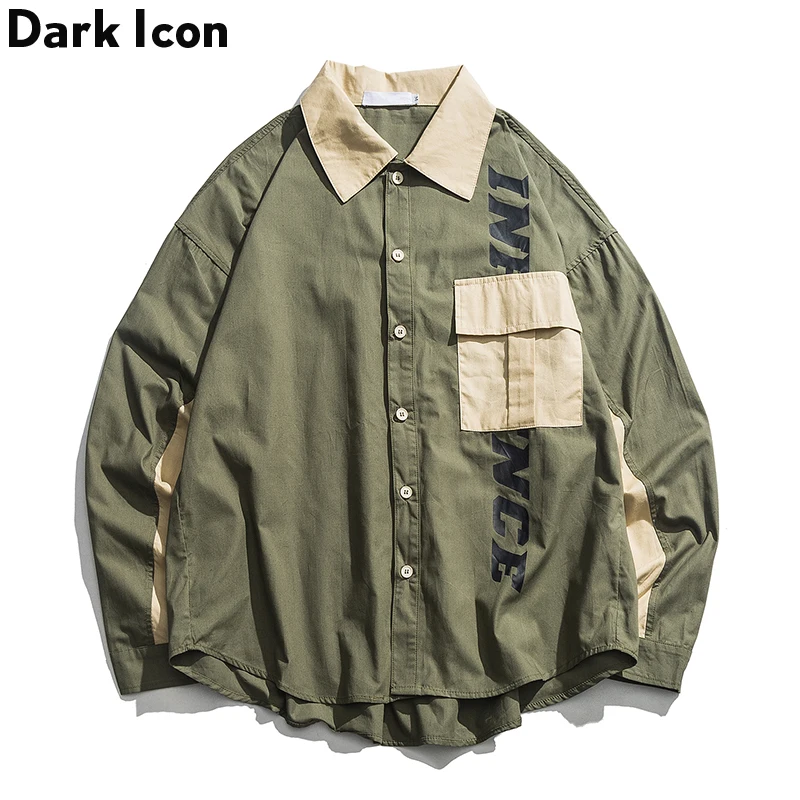 Dark Icon Letter Printed Japanese Harajuku Jackets Men Turn-down Collar Retro Jackets Streetwear Jacket for Man Beige/Green
