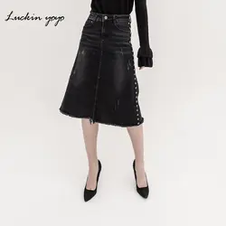 Luckin yoyo осень зима трапециевидной формы Mid Jean Skirt для женщин Высокая талия новый корейский Повседневная джинсовая юбка Женские однотонные