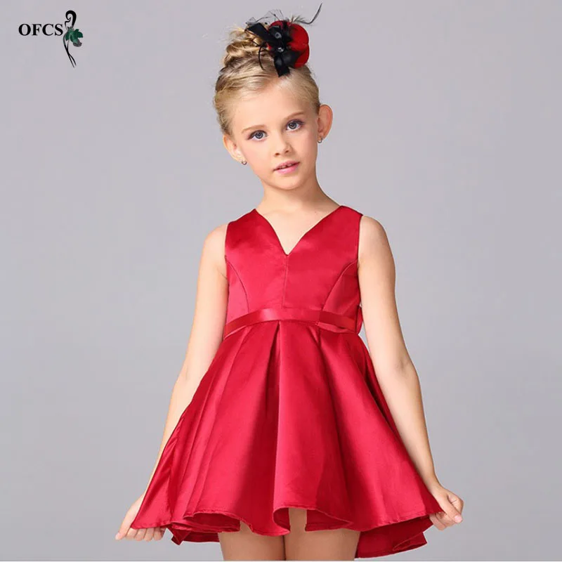 OFCS Baby Girl Red Satin Princess Dress Vest Ribbon Kids Wedding Dress
