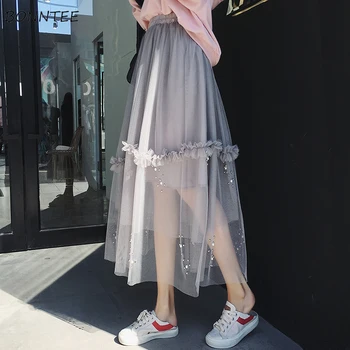 

Skirts Women Korean Style All-match Sweet Ball Gown Trendy Mesh Womens High Quality Female Leisure Skirt Ankle-Length Solid Chic