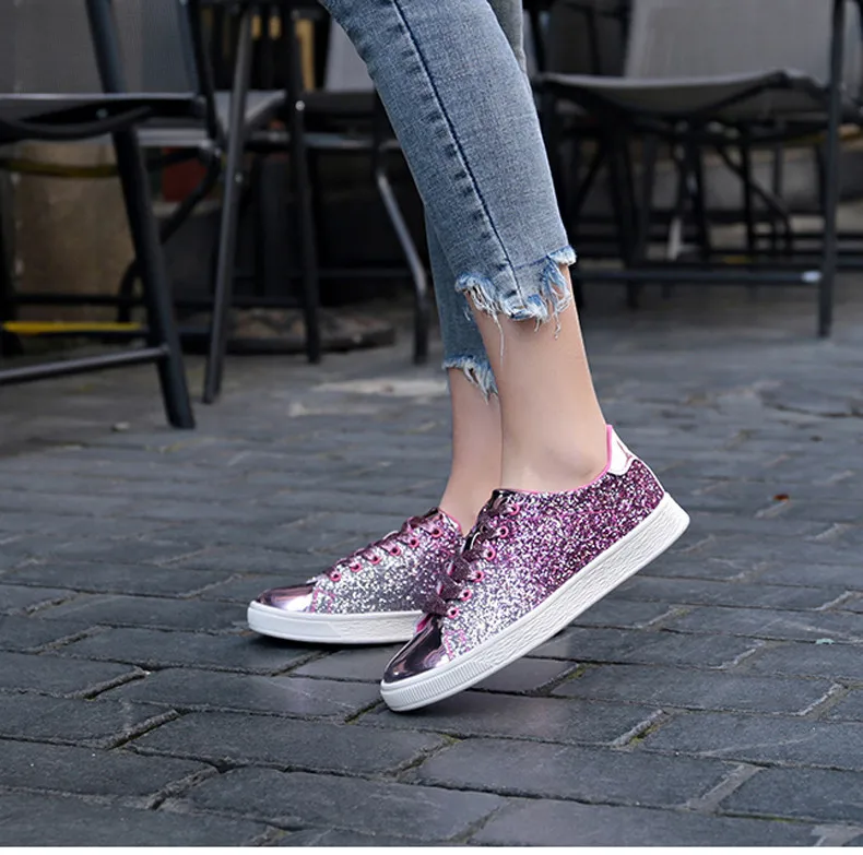  2019 New Fashion Spring Women Sneakers Casual Flat lace-Up Bling Glitter Shining Green Beautiful Vulcanized Shoes Woman (12)