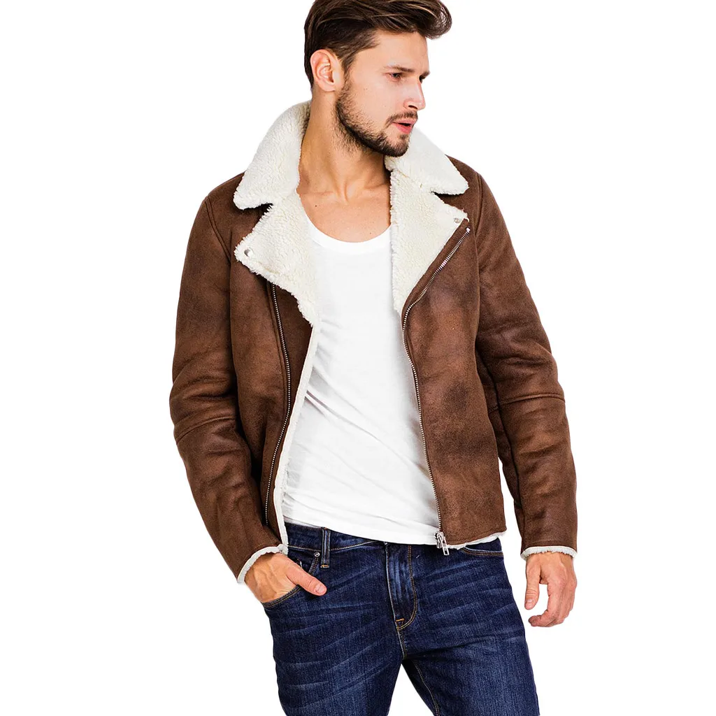 

Feitong Men's Autumn Winter Warm Thick Coat Fur Liner Zipper Lapel Leather Zipper Outwear Top Coat Male chaqueta moto hombre New