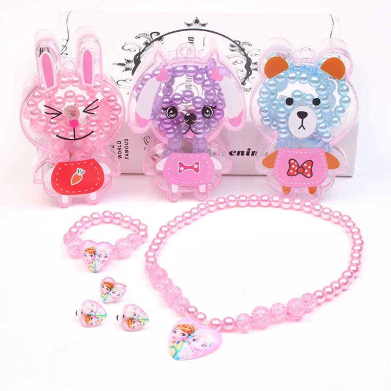 1Set Wholesale Multi Color Child lovely Pearl Heart Necklace Earrings Ring Bracelet For Kids Girls Best Gifts Bear Box | Украшения и