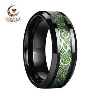 

Black Tungsten Men Ring Wedding Band With Light Green Carbon Fiber Steel Dragon Inlay Comfort Fit