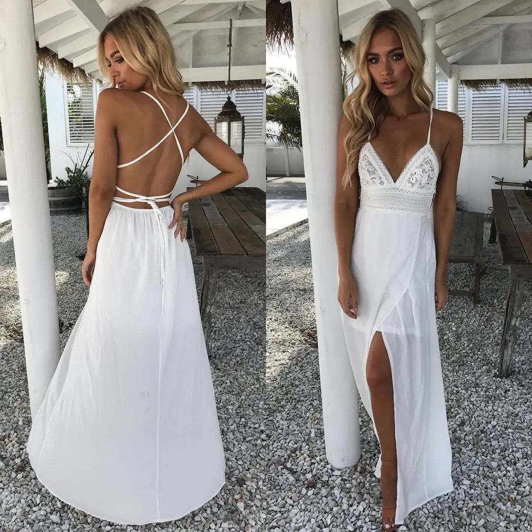 

2018 Boho Women Long Dress Sexy Lace High Split Vestido Backless Halter V Neck Maxi Beach Bohemia Dresses Sundress