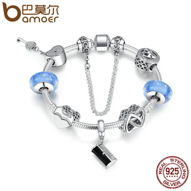 Aliexpress Bamoer 925 Sterling Silver Women Handbag Heart Bamoer 925 Sterling Silver Women Handbag Heart Lock Key Light Blue Glass Beads Charm